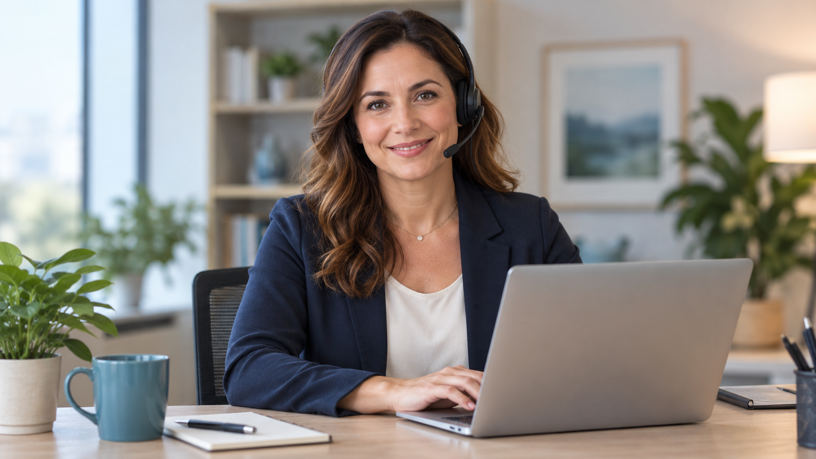 Sarah, BPlanning.com's AI assistant, seated at her desk